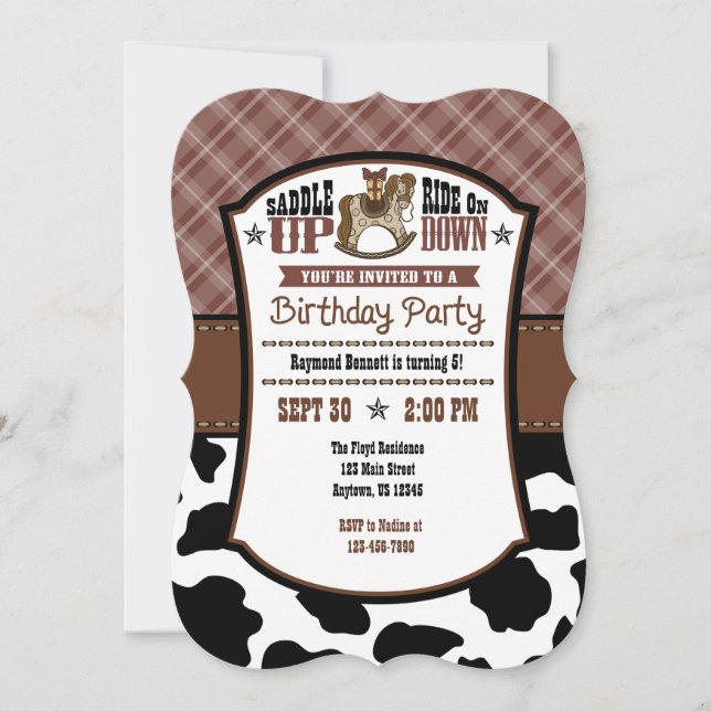 Brown Plaid Cowhide Cowboy Birthday Invite (Front)