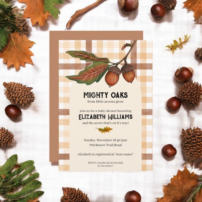 Brown Plaid Fall Acorn Baby Shower Invitation (Creator Uploaded)