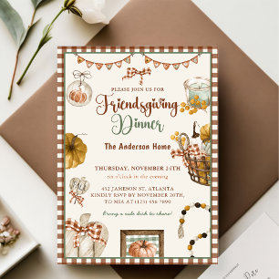 Brown Plaid Fall Pumpkin Friendsgiving Dinner Invitation