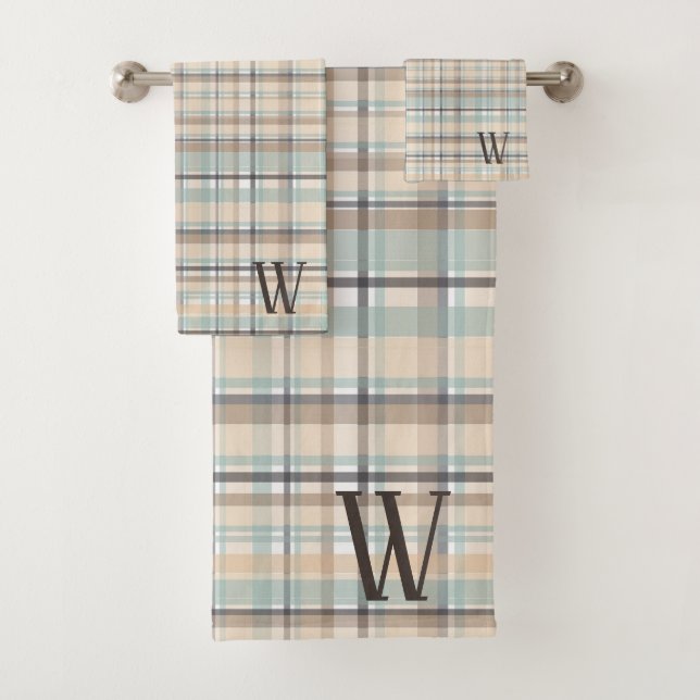 Brown Plaid Monogram Bath Towel Set (Insitu)