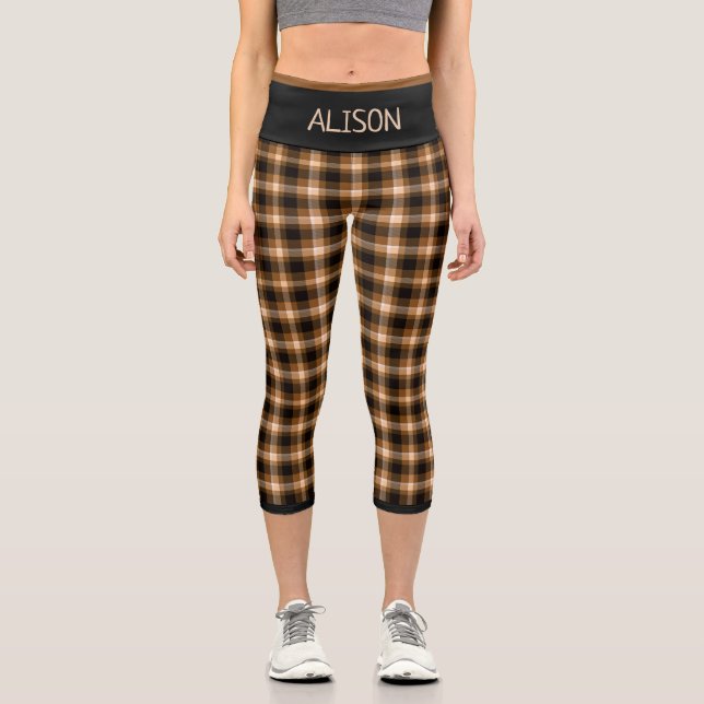 Brown Plaid Pattern Custom Capri Leggings (Front)