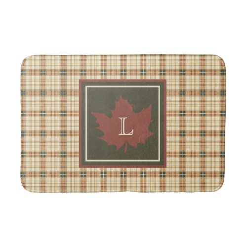  Brown Plaid Pattern Fall Maple Leaf Monogram Bath Mat
