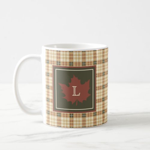  Brown Plaid Pattern Fall Maple Leaf Monogram Coffee Mug