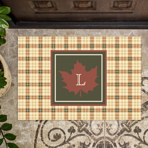 Brown Plaid Pattern Fall Maple Leaf Monogram Doormat