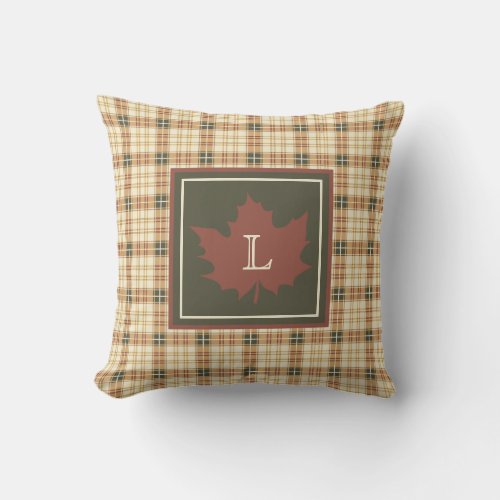Brown Plaid Pattern Fall Maple Leaf Monogram Throw Pillow