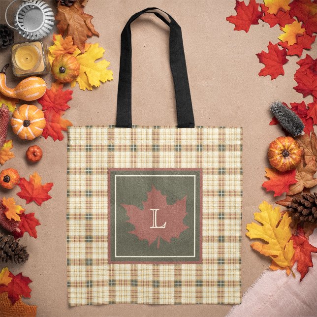 Brown Plaid Pattern Fall Maple Leaf Monogram Tote Bag (Creator Uploaded)