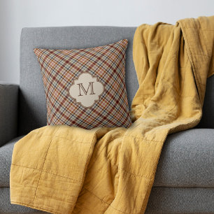 Brown Plaid Pattern Monogram Throw Pillow