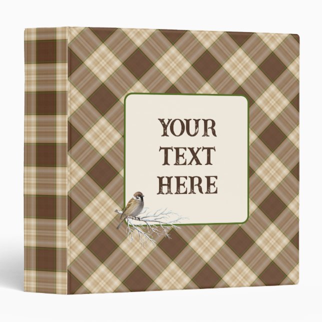 Brown Plaid Pattern with Bird 3 Ring Binder (Front/Spine)