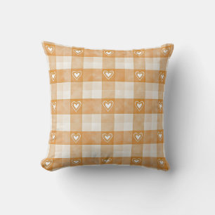 Brown Plaid Pattern with Heart Accents Throw Pillow