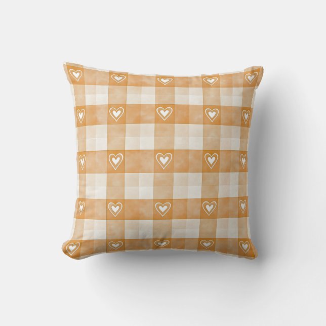 Brown Plaid Pattern with Heart Accents Throw Pillow (Front)