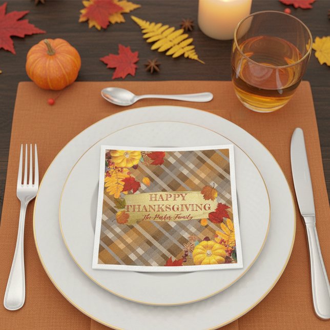 Brown Plaid Pumpkin Autumn Harvest Thanksgiving Napkins (Creator Uploaded)