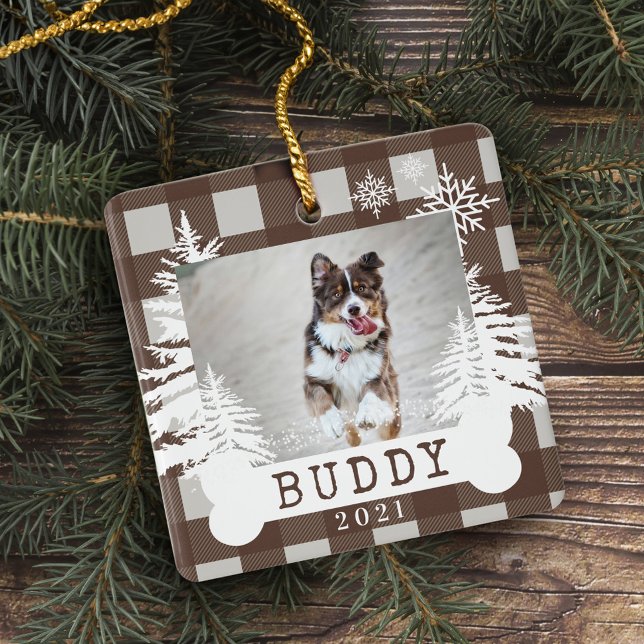 Brown Plaid Rustic Pine Trees Dog Bone Pet Photo Ceramic Ornament (Brown Plaid Rustic Pine Trees Dog Bone Pet Photo Ceramic Ornament)