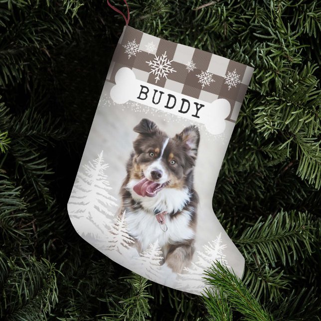 Brown Plaid Rustic Pine Trees Dog Bone Pet Photo Small Christmas Stocking (Creator Uploaded)