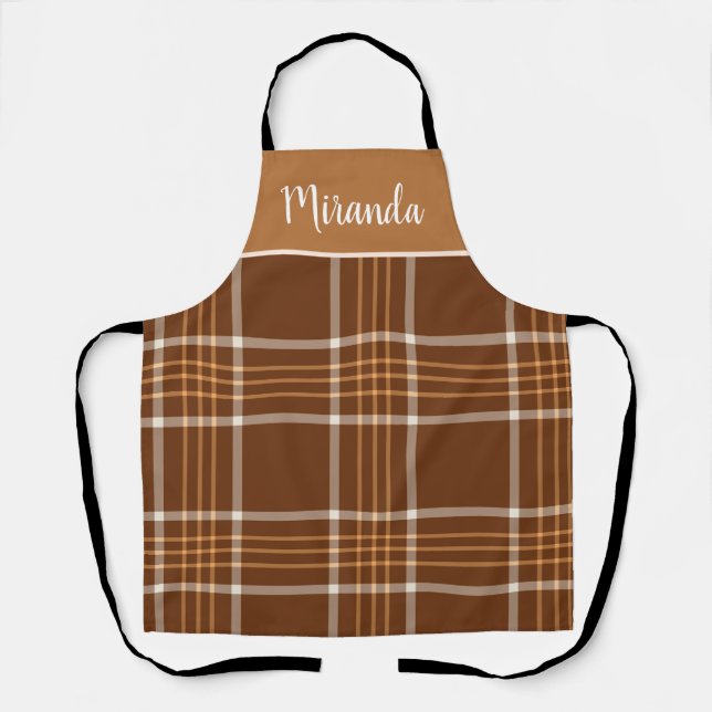 Brown Plaid tartan Checkered pattern  custom name  Apron (Front)