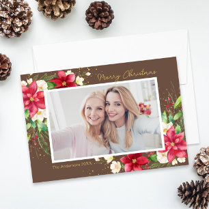 Brown Poinsettia Floral Frame Photo Holiday Card