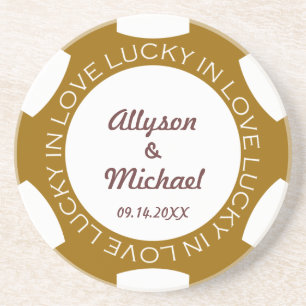 Brown poker chip lucky in love wedding anniversary sandstone coaster