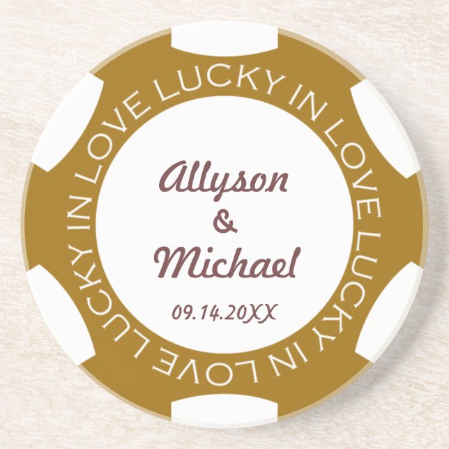 Brown poker chip lucky in love wedding anniversary sandstone coaster (Front)