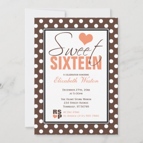 Brown Polka Dot Orange Chevron Sweet Sixteen Invitation
