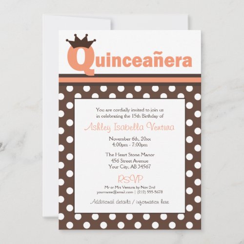 Brown Polka Dot  Orange Quinceaera Invitations