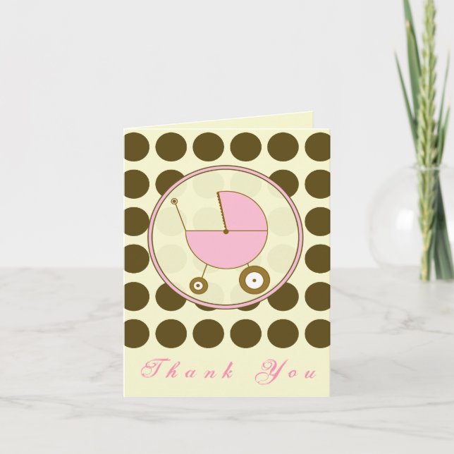 Brown Polka Dot / Pink Baby Carriage Thank You Card (Front)