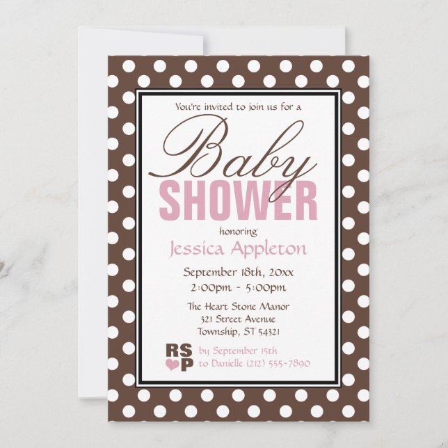 Brown Polka Dot Pink Baby Shower Invitations (Front)