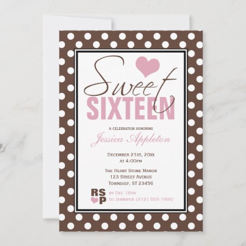 Brown Polka Dot Pink Chevron Sweet Sixteen Invitation