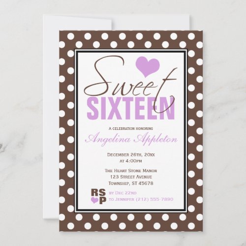 Brown Polka Dot Purple Chevron Sweet Sixteen Invitation