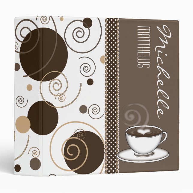 Brown Polka Dots and Swirls Name Coffee Cup 3 Ring Binder (Front/Spine)