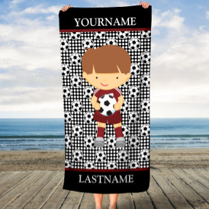 Brown Polka Dots Soccer Personalized Name Kids Beach Towel