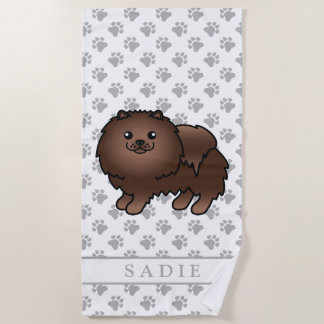 Brown Pomeranian Cute Cartoon Dog &amp; Name Beach Towel