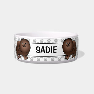 Brown Pomeranian Cute Cartoon Dog & Name Bowl