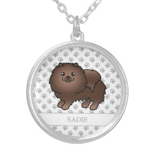 Brown Pomeranian Cute Cartoon Dog & Name Silver Plated Necklace
