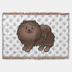 Brown Pomeranian Cute Cartoon Dog & Paws Throw Blanket