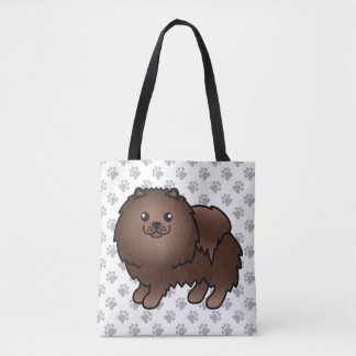 Brown Pomeranian Cute Cartoon Dog &amp; Paws Tote Bag