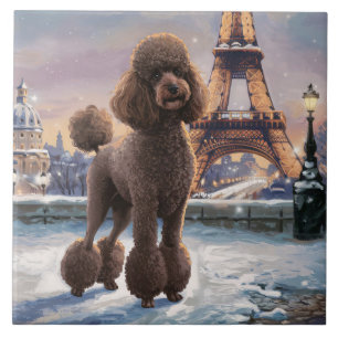 Brown Poodle Winter in Paris Painting Art Ceramic Tile