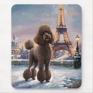 Brown Poodle Winter in Paris Painting Art Mouse Pad
