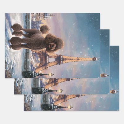 Brown Poodle Winter in Paris Painting Decoupage Wrapping Paper Sheets
