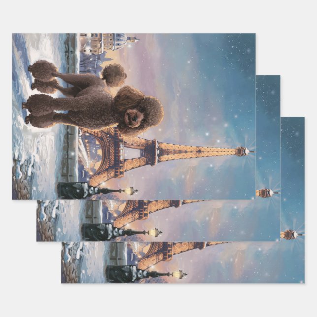 Brown Poodle Winter in Paris Painting Decoupage Wrapping Paper Sheets (Set)