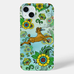 Brown Poodle with Frisbee on Paisley Background iPhone 15 Plus Case