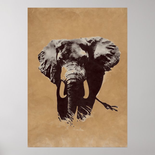 Brown Pop Art Elephant Ink Paint Poster (Front)