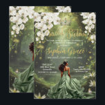 Brown Princess and Frog Sage Green Dress Sweet 16 Invitation<br><div class="desc">Personalize this enchanting Sweet 16 birthday invitation easily and quickly. Simply click the Edit Using Design Tools button to further edit the text, change font styles and font colors. Featuring a girl dressed in a sage green dress, a frog prince, beautiful trailing white floral and an enchanted forest and pond...</div>