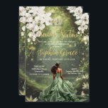 Brown Princess and Frog Sage Green Dress Sweet 16 Invitation<br><div class="desc">Personalize this enchanting Sweet 16 birthday invitation easily and quickly. Simply click the Edit Using Design Tools button to further edit the text, change font styles and font colors. Featuring a girl dressed in a sage green dress, a frog prince, beautiful trailing white floral and an enchanted forest and pond...</div>