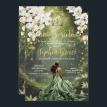 Brown Princess and Frog Sage Green Dress Sweet 16 Invitation<br><div class="desc">Personalize this enchanting Sweet 16 birthday invitation easily and quickly. Simply click the Edit Using Design Tools button to further edit the text, change font styles and font colors. Featuring a girl dressed in a sage green dress, a frog prince, beautiful trailing white floral and an enchanted forest and pond...</div>