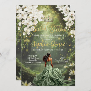 Brown Princess and Frog Sage Green Dress Sweet 16 Invitation