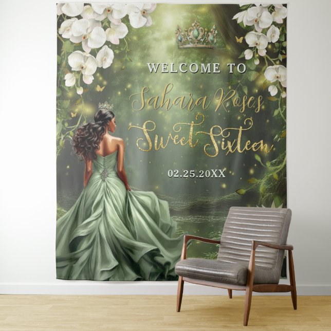 Brown Princess and Frog Sage Green Dress Sweet 16  Tapestry (In Situ)