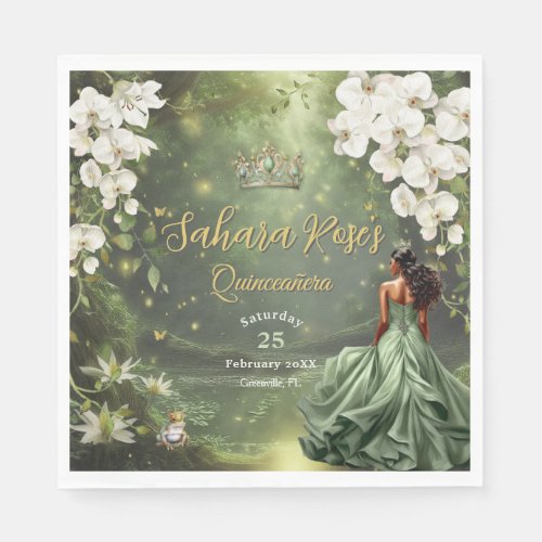 Brown Princess and Frog Sage Green Quinceanera 16 Napkins