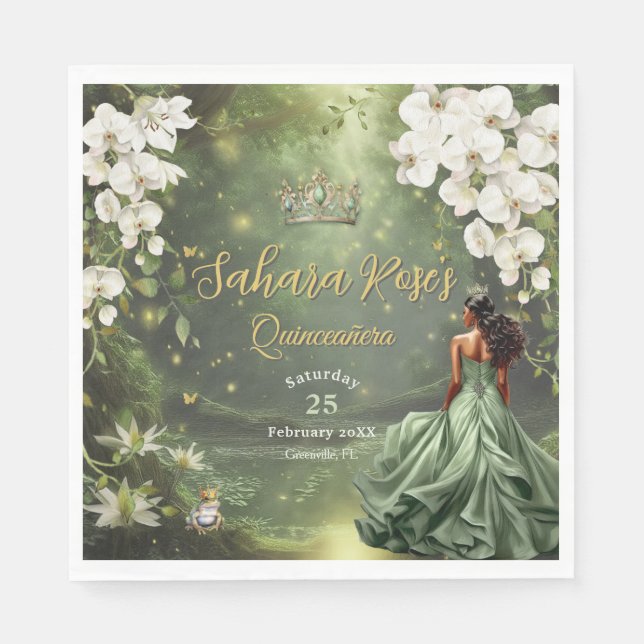 Brown Princess and Frog Sage Green Quinceanera 16 Napkins (Front)