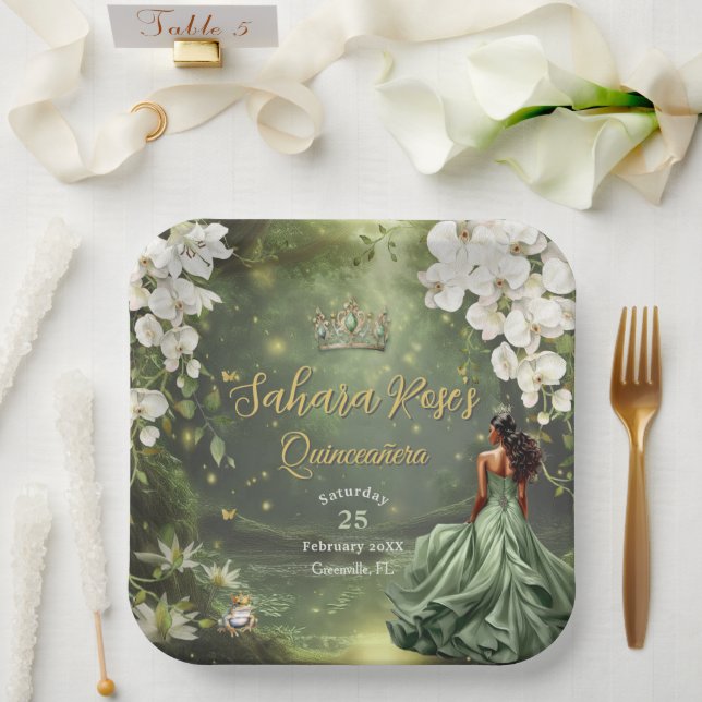 Brown Princess and Frog Sage Green Quinceanera 16 Paper Plates (Wedding)