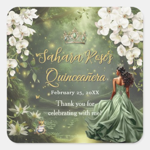 Brown Princess and Frog Sage Green Quinceanera 16 Square Sticker