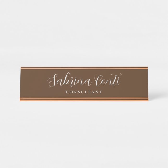 Brown Professional Calligraphy Trendy Modern Plain Desk Name Plate (Front)